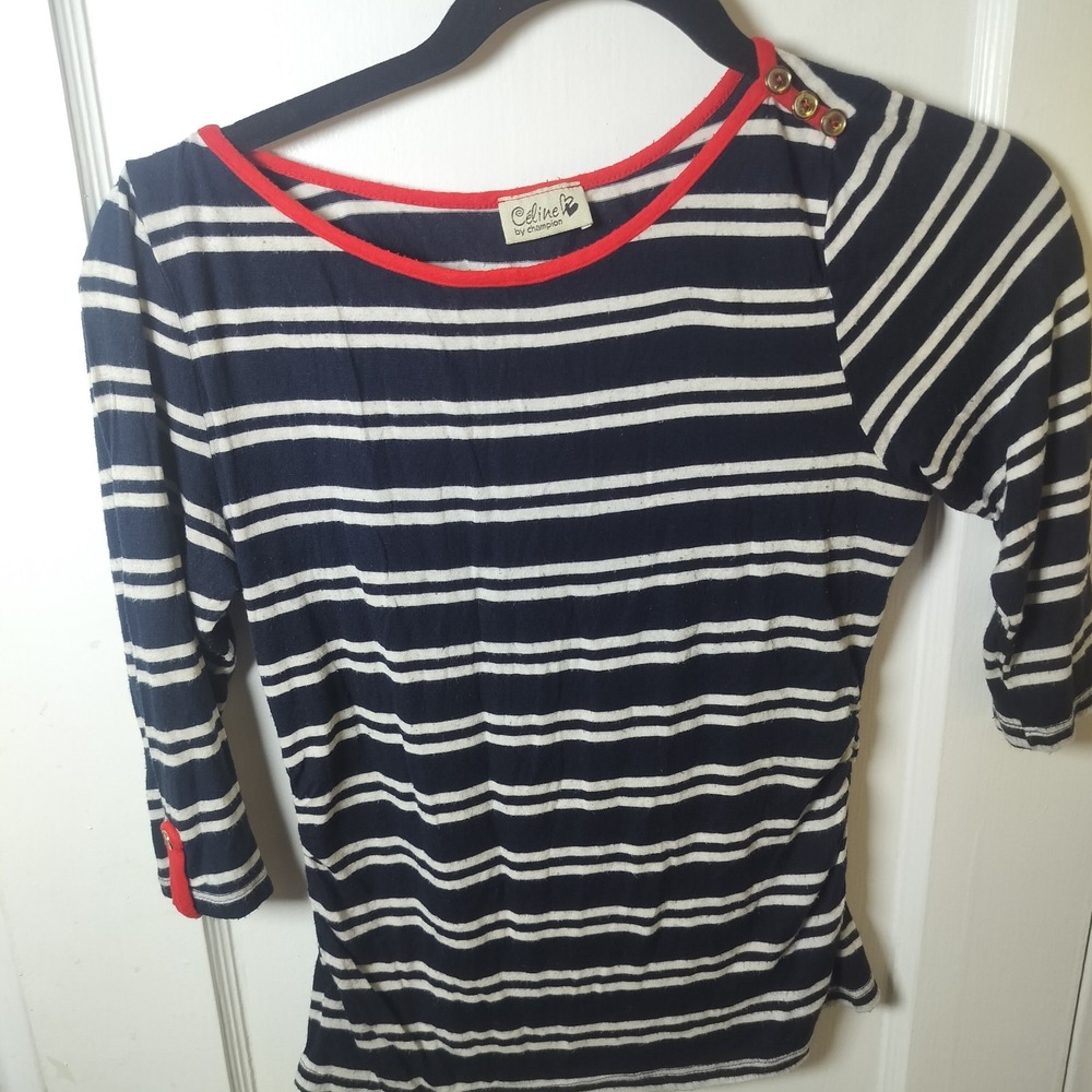 CELINE BY CHAMPION NAVY WHITE STRIPED BOAT‎ NECK TOP RED TRIM BUTTON 3/4 SLEEVE